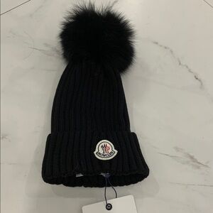 Moncler Black Wool Beanie Hat Faux Fur Pom Pom (One Size)